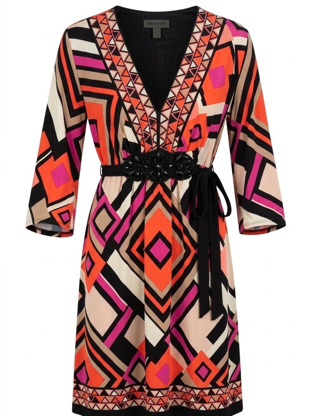 Bold Geometric Print Dress with Sequined Accent